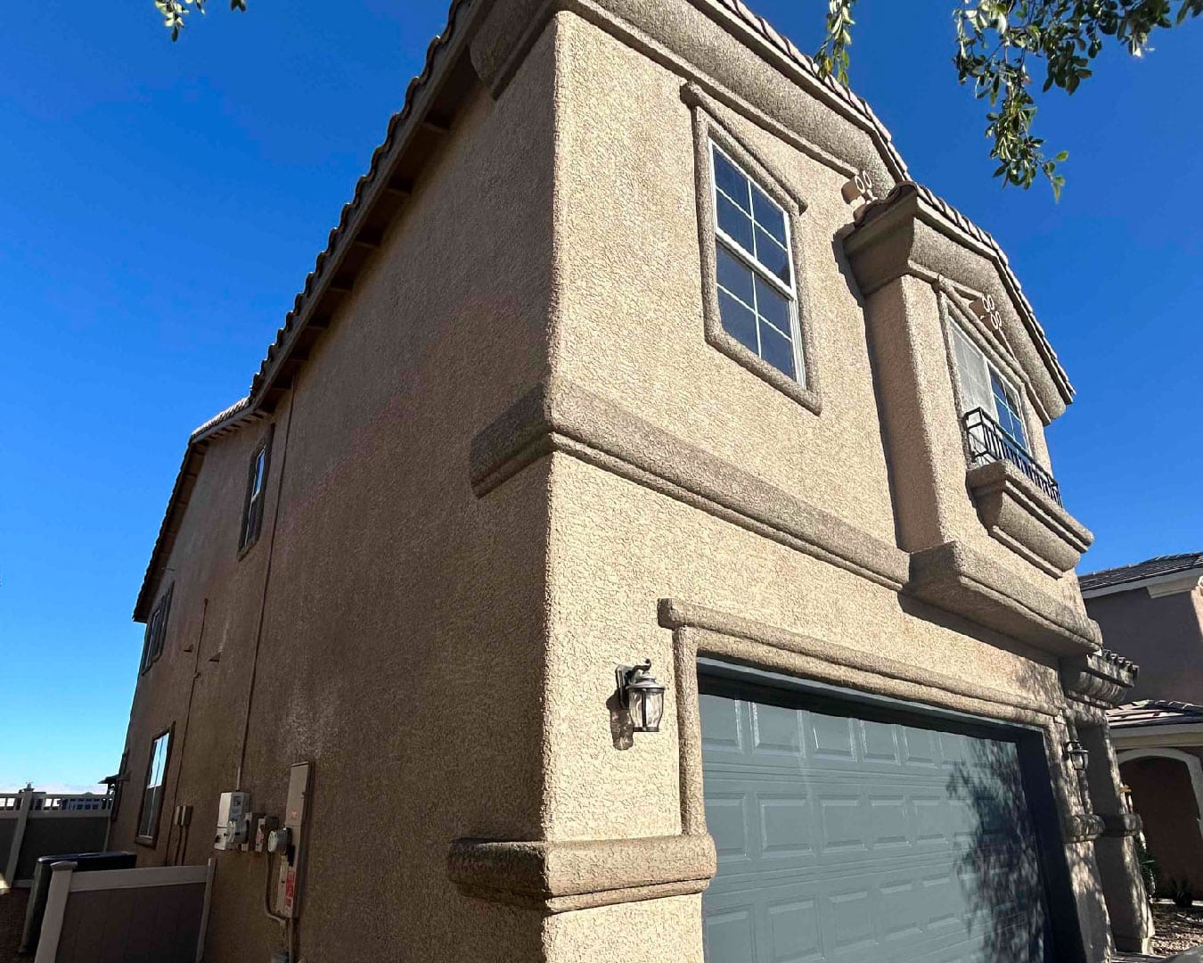 Exterior of two-story stucco home